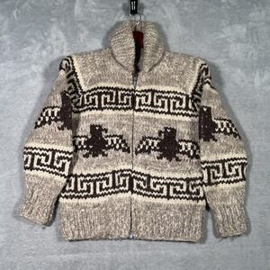 Vintage TUAK Sweater Womens S Beige Wool Thunderbird Cardigan ACME Zip Cowichan*